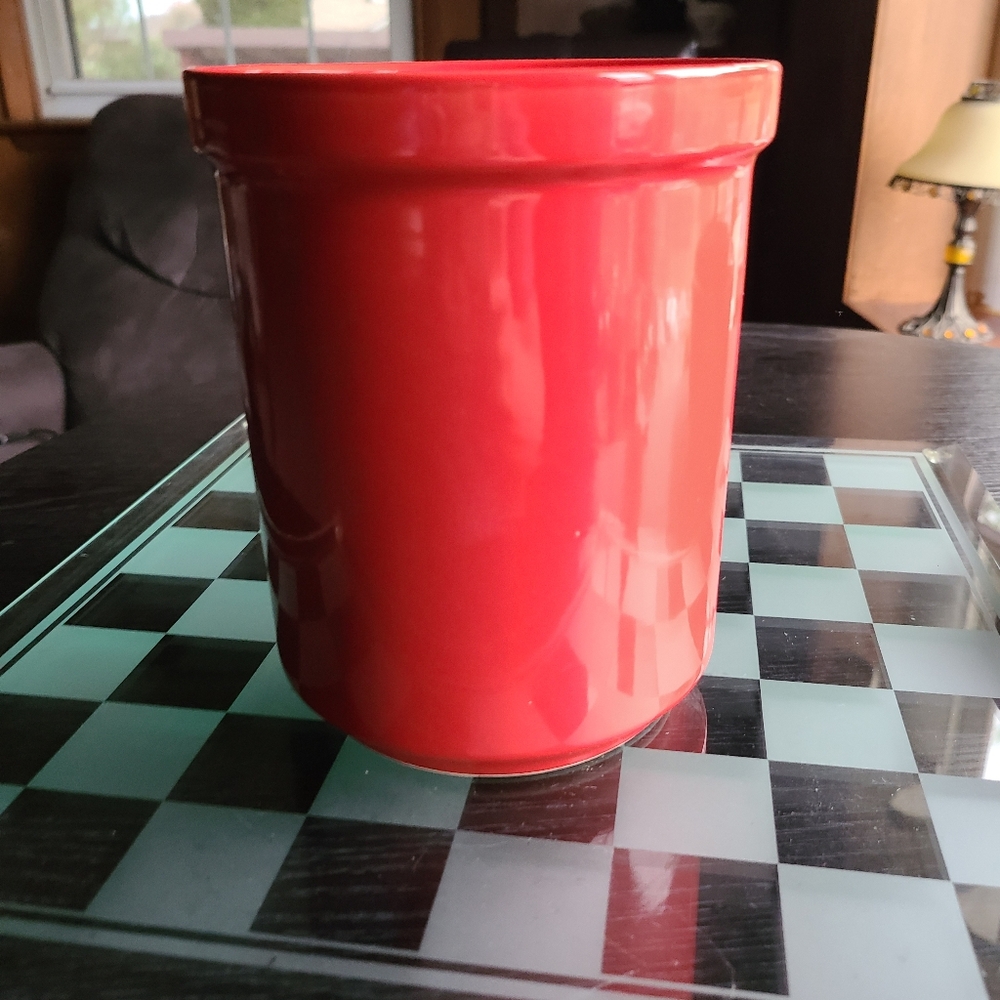 Vibrant Red Ceramic Kitchen Decor Holds Spatula and spoons